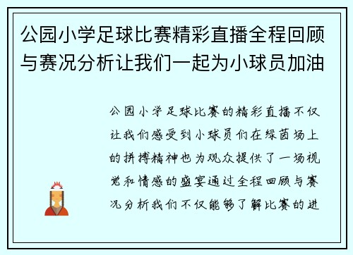公园小学足球比赛精彩直播全程回顾与赛况分析让我们一起为小球员加油助威